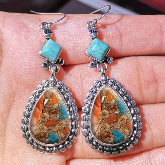 Jewelry - Silver Tone Turquoise Brown Image Earrings